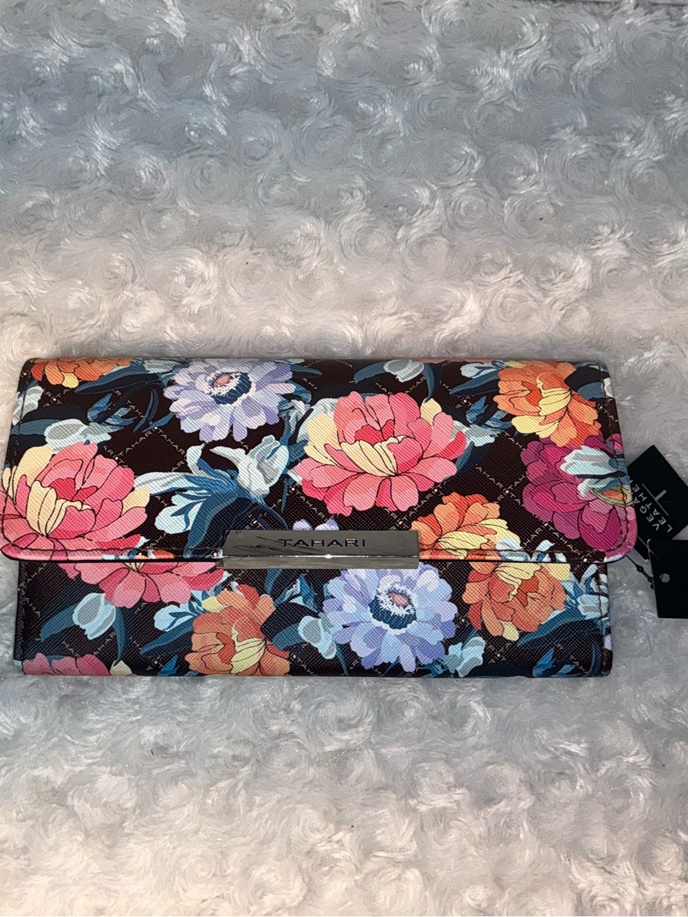 Tahari Floral Quilted Wallet - Brown with Pink, Orange, Blue & Purple Blooms